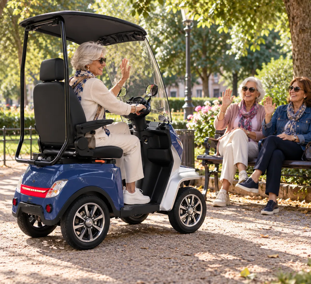 Donna su SENIORBIKE saluta le amiche al parco