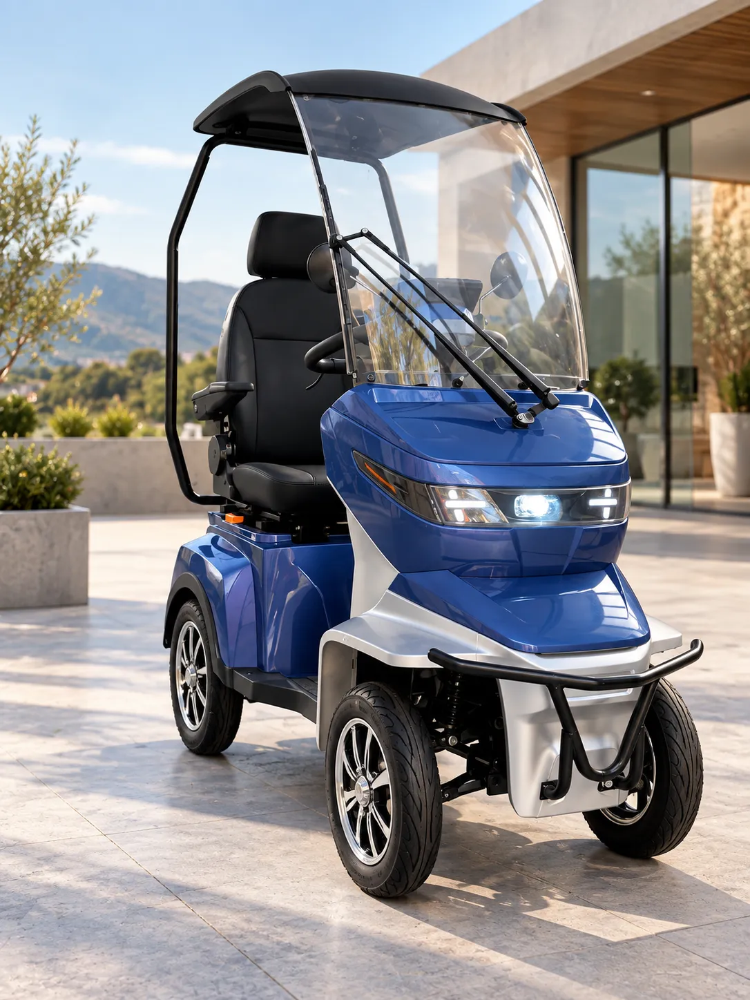 SENIORBIKE vista tre quarti anteriore con tettuccio e parabrezza